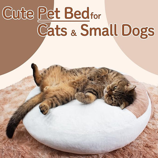 Cat Bed Donut 23.6 Inches Dog Beds for Indoor Calming, Round Pet Bed for Puppy and Kitten, Washable Cover, Anti Slip Bottom, Cute White, Medium