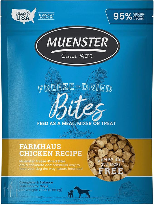 Muenster Freeze Dried Chicken Bites - Dog Food, Treat, Mixer or Topper (20oz) - Grain Free.