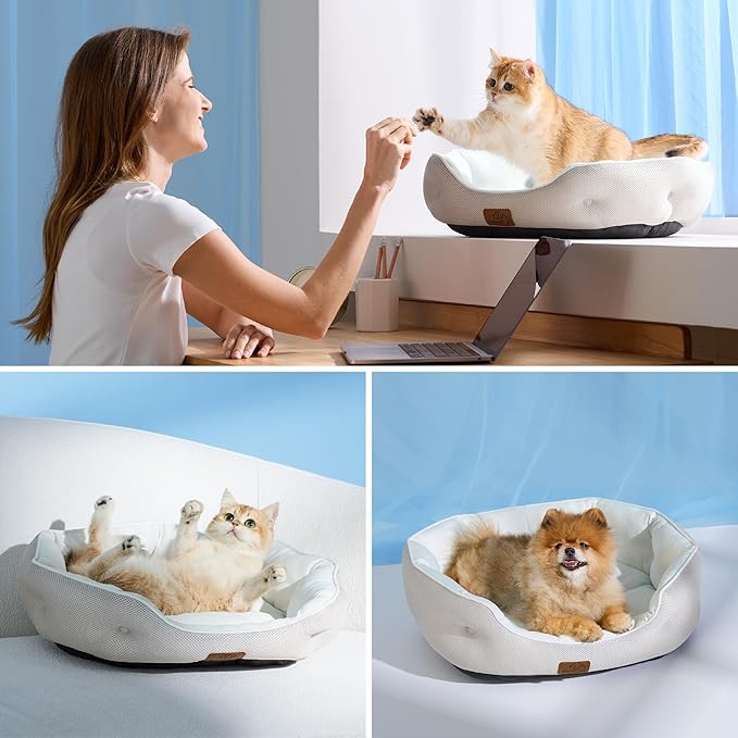 Bedsure Cooling Dog Beds for Small Dogs - Round Medium Cat Beds for Indoor Cats, Washable Pet Bed for Puppy and Kitten with Slip-Resistant Bottom, 25 Inches, Arctic Blue