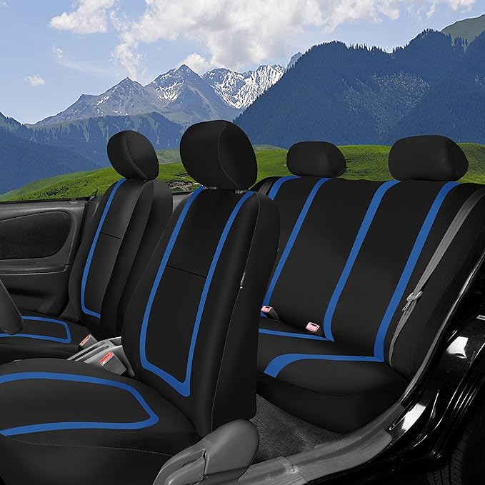 FH Group Car Seat Covers Full Set Cloth - Universal Fit Automotive Seat Covers, Low Back Front Seat Covers, Solid Back Seat Cover, Washable Car Seat Cover for SUV, Sedan and Van Blue