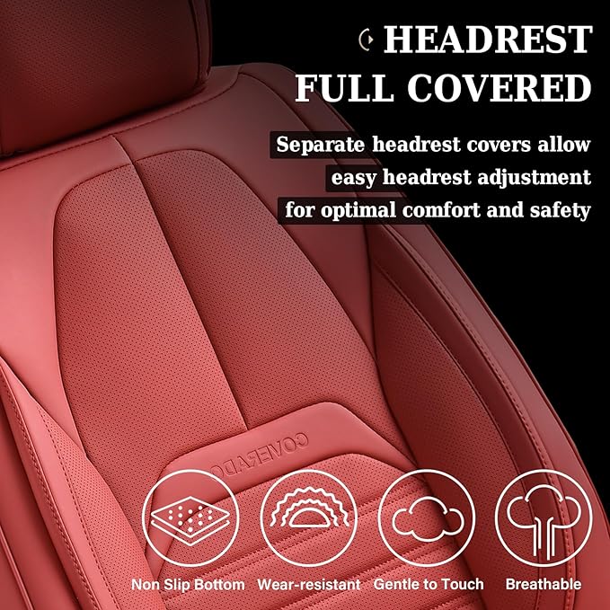 Coverado Car Seat Covers Full Set, Red Seat Covers for Cars, Automotive Seat Covers, Waterproof Nappa Leather Front Seats and Back Car Seat Protector, Universal Fit for Most Cars SUV Trucks
