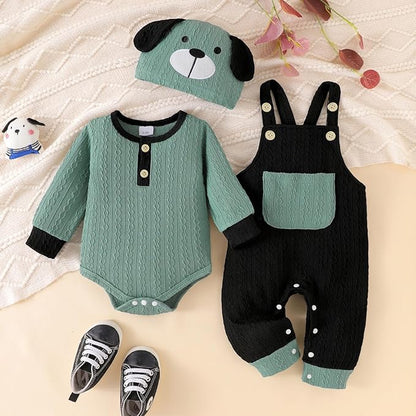 FOCUTEBB Baby Boy Clothes Cute Long Sleeve Romper Infant Pocket Overalls Adjustable Suspender Pants Set 0-18 Months