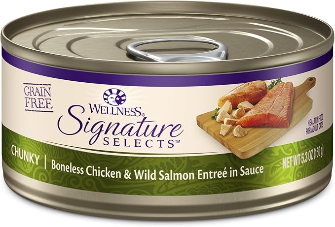 Wellness CORE Signature Selects Chunky Adult Canned Wet Cat Food, Natural, Protein Rich, Grain Free, Chicken and Wild Salmon Entrée Recipe, 5.3 oz, Pack of 12 Cans