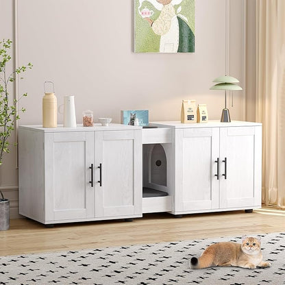 GAOMON Litter Box Enclosure with Double Cage, Cat House,Hidden Litter Box Enclosure Furniture for 2 Cats, Wooden Enclosed Cat Litter Box Furniture,55”L x 17.7”W x 22.5”H,White