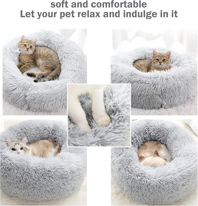 Calming Dog Cat Donut Bed - 23.6" Washable Fluffy Dog Beds, Round Cute Cat Beds for Indoor Cats, Anti Anxiety Plush Cuddler Dog Pillow, Pet Cushion for Small Medium Dogs, Waterproof Non-Slip Bottom