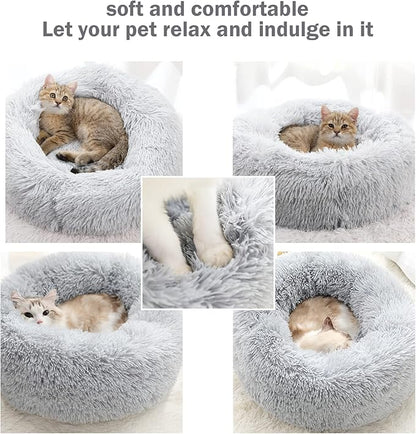 Calming Dog Cat Donut Bed - 23.6" Washable Fluffy Dog Beds, Round Cute Cat Beds for Indoor Cats, Anti Anxiety Plush Cuddler Dog Pillow, Pet Cushion for Small Medium Dogs, Waterproof Non-Slip Bottom
