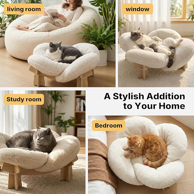 Veehoo Modern Elevated Flower Cat Bed with Washable Fluffy Cushion for Indoor Cats & Small Dogs, Wooden Raised Pet Couch Sofa, Cozy Lounge Chair Suitable for Puppy, Cat Furniture
