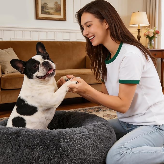 Dog Calming Beds for Small Medium Large Dogs - Round Donut Washable Puppy Dog Bed, Anti-Slip Faux Fur Fluffy Donut Cuddle Anxiety Cat Pet Bed(28" Dark Grey)