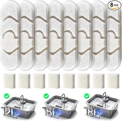 Dog Water Fountain Filter 8-Set, 12L/15L/18L Stainless Steel Dog Water Bowl Dispenser Filters, Pet Water Fountain Filters Set with 8 Filters and 8 Sponges