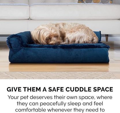 Furhaven Orthopedic Dog Bed for Large Dogs w/ Removable Bolsters & Washable Cover, For Dogs Up to 95 lbs - Plush & Velvet L Shaped Chaise - Deep Sapphire, Jumbo/XL