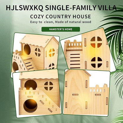 Natural Wood Hamster Habitat Hideout Cage Accessories, Maze Cabin with Fun Slide & Double-Decker House, Exercise Toys for Dwarf Hamsters, Gerbils, Mice, Other Small Animals(Only for Small Hamster E)
