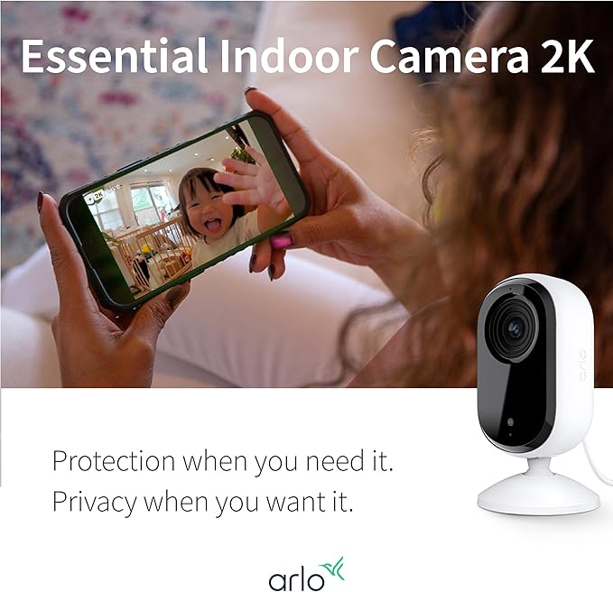 Arlo Essential Indoor Security Camera 2K (2nd Gen, 2023 Release) - Wired Plug-in Power, Person Recognition, Animal Detection, 1-Month Trial of Secure Plan, Automated Privacy Shield, 2 Cam, White