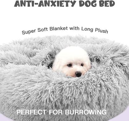 Himax Small Cat & Dog Bed with Cover, Calming Dog Bed for Small Dogs,Anti-Anxiety Donut Dog Bed with Attached Blanket,Washable Round Fluffy Pet Bed (20"/26"/35")，Light Grey