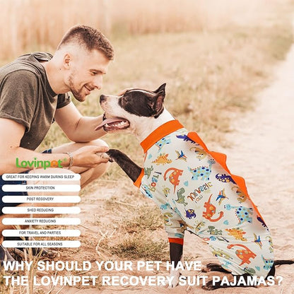 LovinPet Dog Pjs Large Breed, Anti Licking, Recovery Wear, Lightweight Jurassic Knit, UV for Medium Dogs/Medium