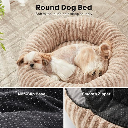 MIXJOY Dog Bed Medium Size Dogs, Washable Medium Dogs Bed with Removable Cover, Cozy Donut Dog Ded Fluffy Plush Faux Fur Pet Bed with Anti-Slip Bottom, 30"x30"x8", Beige
