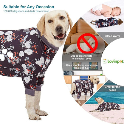 LovinPet Medium/Big Breeds Large Dog Pajamas, Anti Licking, Wound Care/Post Surgery Dogs Pajamas, Lightweight Stretchy Fabric, Beautiful Bouquets Black Print Large Dog Onesies, Pet PJ's /2XL