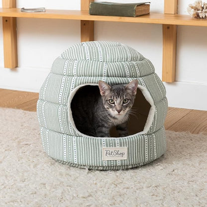 Fringe Studio Block Stripe Dusty SAGE 2-in-1 Pet Hut/Pet Bed with Removable Cushion 14" H x 15" W x 15" D, 100% Cotton Canvas Exterior w/Foam Filling, Machine Washable, PetShop Collection (209008)