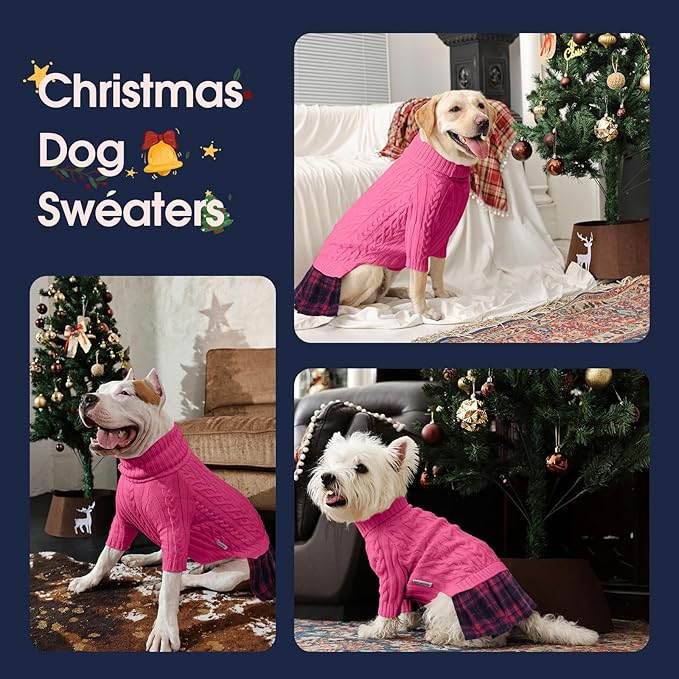 IECOii Girl Dog Sweater Dress - Cable Knit Dog Sweater for Small Dogs Girl - Pink, Medium, Turtleneck Pullover Sweaters with Tartan Plaid Skirt, Adorable Warm Dog Knitted Dress for Christmas