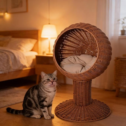 Elevated Cat Basket Bed, Cat Bed with Removable Cushion, Breathable Wicker Pet Bed for Indoor Cats, cat Litter Box Raised Design for Air cat Litter Boxes Circulation, Durable Handw