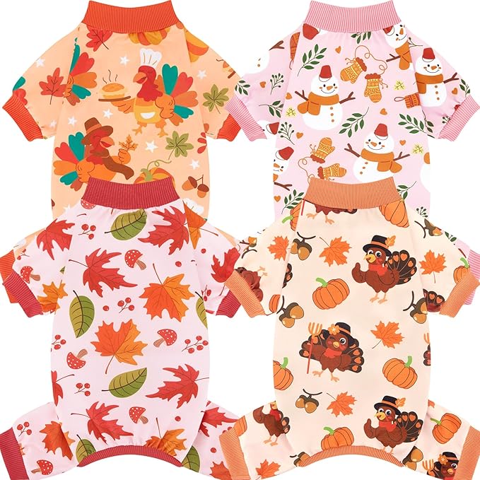 XPUDAC 4 Pack Thanksgiving Turkey Dog Pajamas Soft Strechy Puppy Onesies Funny Pet Fall Clothes for Small Medium Dogs Boy Girl Cat Doggy Costume, XS