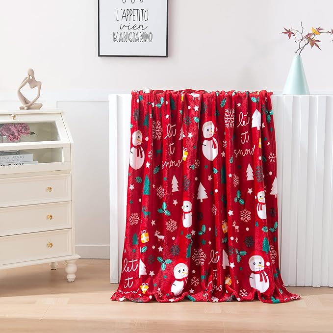 Elegant Comfort Velvet Touch Ultra Plush Christmas Holiday Printed Fleece Throw/Blanket-50 x 60inch, (Red Snowman), 50 x 60 inch