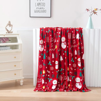 Elegant Comfort Velvet Touch Ultra Plush Christmas Holiday Printed Fleece Throw/Blanket-50 x 60inch, (Red Snowman), 50 x 60 inch