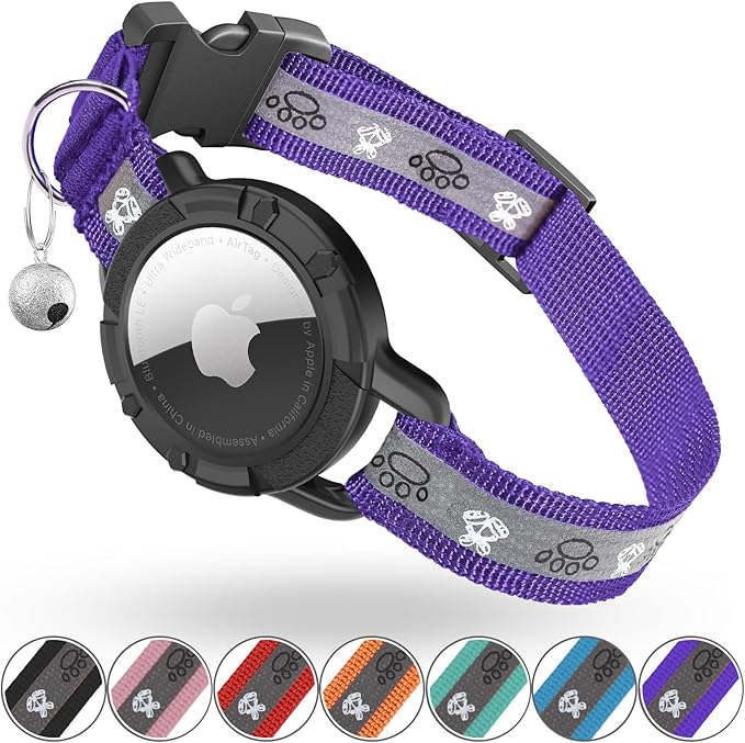 Reflective AirTag Cat Collar, Integrated Cat Tracker Collar with Air Tag Holder and Bell, Safety Elastic Band Cat GPS Collars for Girl Boy Cats, Kittens and Puppies (Purple, XS)