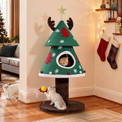 YITAHOME Christmas Cat Tree, 47.2in Christmas Tree Cat Tower with Teaser Ball, Festive Kitty Bed Furniture for Small Cats