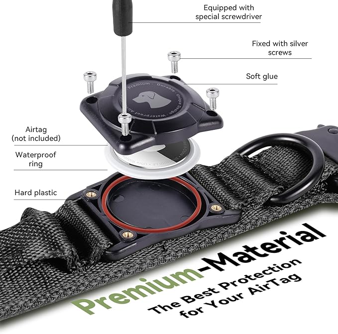 2026 Upgrade Waterproof AirTag Dog Collar, Military Tactical Dog Collar with AirTag Holder, Comfortable Control Handle and Metal Buckle, GPS Dog Collar Holder for Medium to Large Dogs (Black, M)