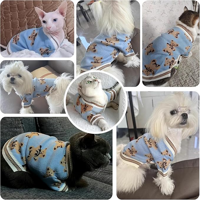 ABRRLO Small Dog Sweaters Cute Bear Dog Cardigans Clothes for Small Medium Dogs Boy Girl Puppy Cat Knitting Cardigan Outfits Dogs Winter Coats Warm Pet Doggy Clothes Soft Knitwear Apparel (Blue,L)
