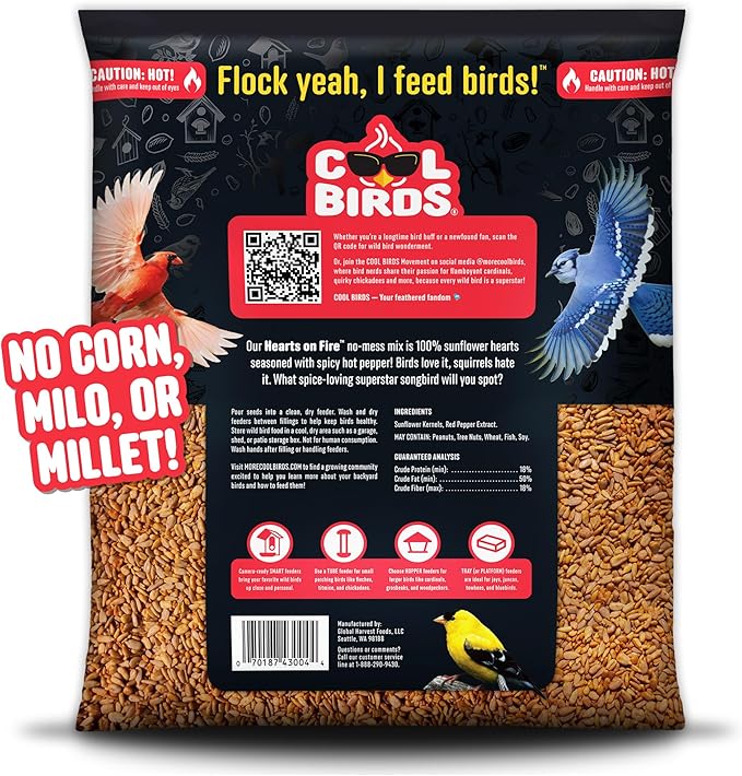 Cool Birds Hearts on Fire Hot Bird Seed – 10 lb. 100% Hulled Sunflower Hearts with Chili Pepper Oil – No Waste Bird Seed for Outside Feeders
