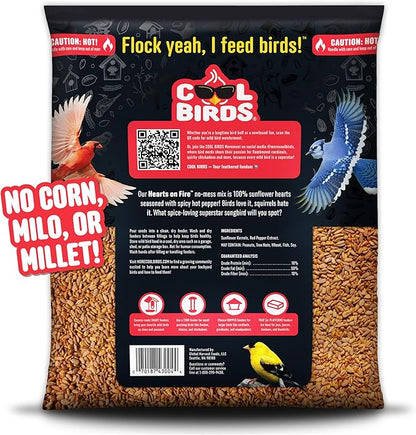 Cool Birds Hearts on Fire Hot Bird Seed – 10 lb. 100% Hulled Sunflower Hearts with Chili Pepper Oil – No Waste Bird Seed for Outside Feeders