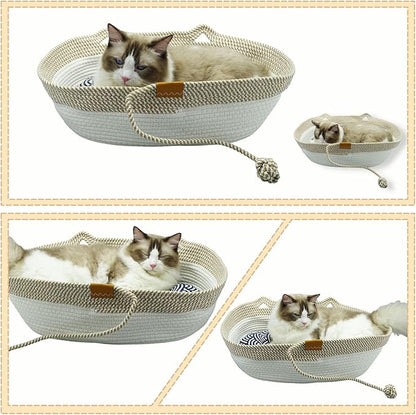 Pet Beds for Cats, Cat Beds for Indoor Cats 19.69"×13.78"×6.30",Cotton Rope Oval Cat Bed for All Seasons (with Cooler Straw Mat and Cotton Mat Both), Suitable for cats＆dogs (Yellow-white, Medium)