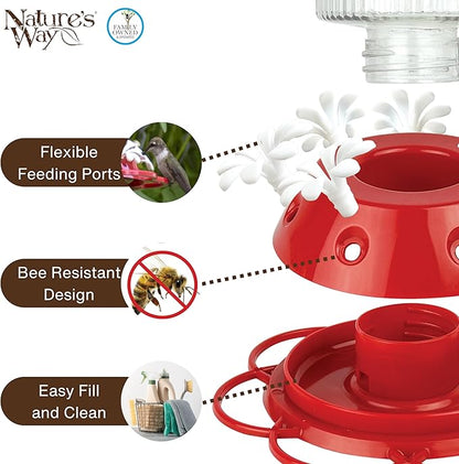 Nature's Way Hanging Glass Hummingbird Feeder for Outdoor Décor, 28 Ounce Capacity Nectar Feeder, Ant Moat, 7 Easy to Clean Flexible Ports, Red