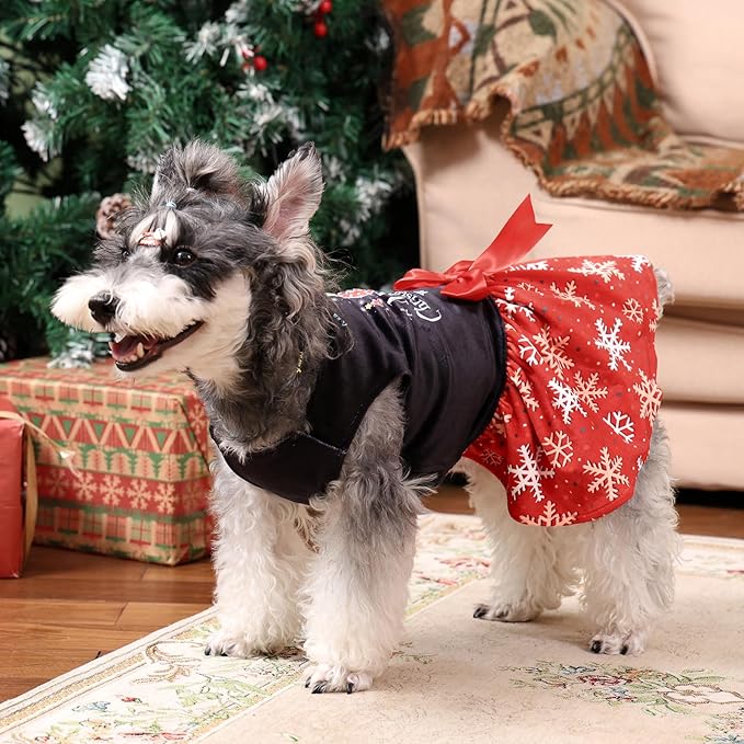 CuteBone Christmas Dog Dresses Velvet Holiday Small Dogs Clothes Onesie Pet Apparel Girl Puppy Skirt with Bow Hair Rope CVA54L-D
