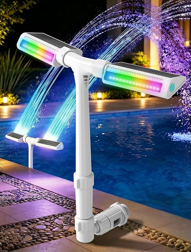 POOLHOUR 2026 Upgrade Height Solar Pool Fountain with 10-Color 4-Mode LED Lights, Auto Light-Sensing Pool Sprinkler Fountain for Above/Inground Pools, 360° Adjustable Spray for 8-16°F Cooling（White）