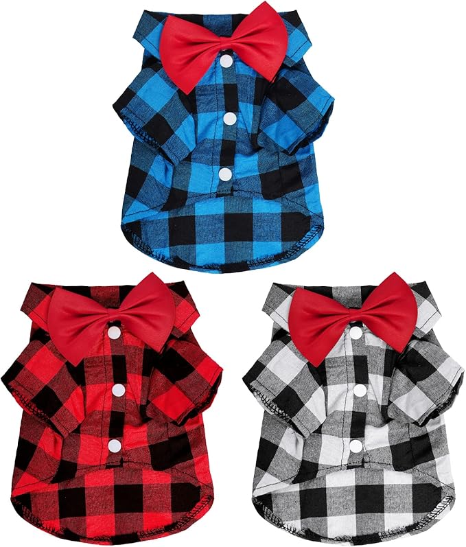 Tongcloud 3 Pack Plaid Puppy Cat Shirt Cute Dog Shirts for Small Dogs and Cats - Birthday Party and Holiday Photo((Red, Blue & White,Small)