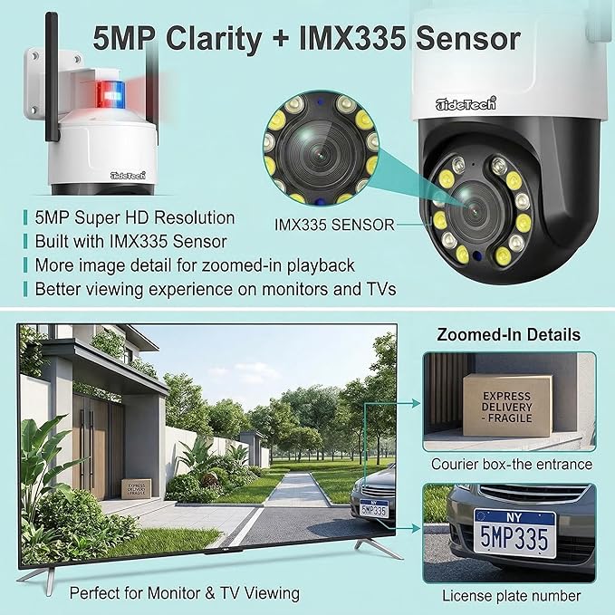 JideTech 5MP PTZ WiFi Security Camera Outdoor, 5X Optical Zoom, Dual Band 2.4G 5G Wireless, Red Blue Warning Light, Color Night Vision, Auto Tracking, Human Vehicle Detection, NVR Compatible