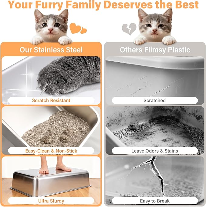 2PACK Stainless Steel Litter Box, XL Cat Litter Box with Lid for Big Cat, Extra Large Metal Litter Boxes with High Side, Non-Stick, Odor-Resistant, Anti-Urine Leakage, Includes Mat & Scoop