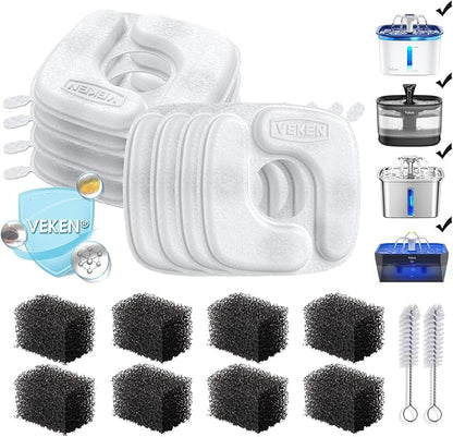 Veken Cat Water Fountain Filters, 8 Pack Replacement Filters | and 8 Pack Replacement Pre-Filter Sponges Set for 50oz, 84oz, 95oz or 108oz Automatic Pet Fountain Dog Water Dispenser