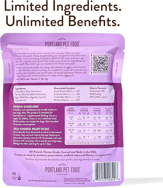 Portland Pet Food Company Fresh Dog Food Pouches - Human-Grade Toppers Wet Pet Meal & Mixers - Gluten-Free Limited Ingredient Winnie's Lamb N' Rice - Large & Small Breed Puppy & Senior Dogs - 5 Pack
