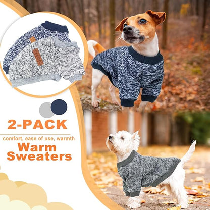2 Pieces Dog Sweaters for Small Dogs Fall Dog Clothes Male Winter Fleece Dog Sweaters Warm Thick Pet Coat Outfit Small Dog Sweater for Boy Girl Dogs, Chihuahua, Pug, Bulldog, Pug, L, Grey Navy
