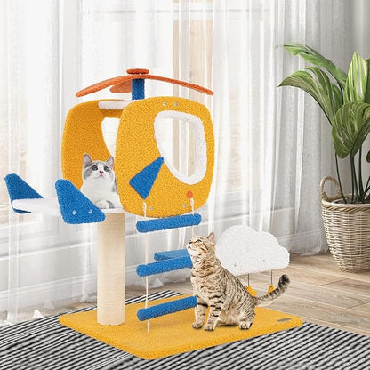 PETSITE 30-inch Aviation-Themed Cat Tree for Indoor Cats, Small Cute Cat Tree with Sisal Scratching Posts, Helicopter Top Perch, Climbing Ladder, and 3 Star-Shaped Hanging Toys