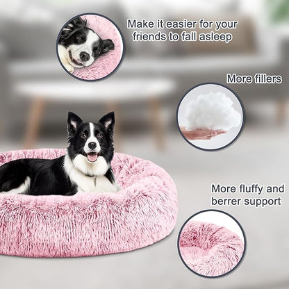 ELSKER&HOME Calming Dog Bed,Donut Washable Warming Soft Round 39 inches Dog Beds for Large Dogs,Anti-Anxiety Fluffy Plush Cushion Bed Fits up to 120 lbs Pets,Pink
