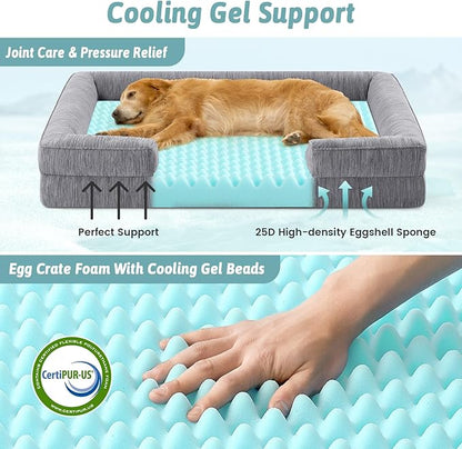 COZY KISS Cooling Dog Bed for Large Medium Size Dogs, Q-Max >0.4 Summer Cool Orthopedic Pet Sofa Bed with Sides, Bolster Anti-Slip Couch with Washable Removable Cover, L 36x27x6.5 inch, Dark Grey