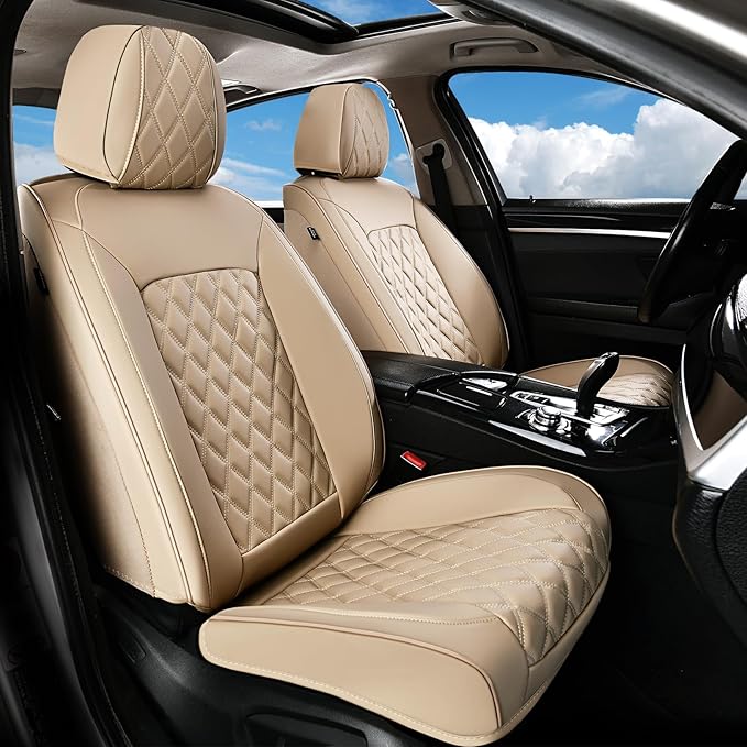 Huidasource Beige Seat Covers, Nappa Leather Car Seat Covers, Velcro Adjustable, Compatible with Airbags, Armrests, Child Seat, Universal Fit for Most Cars, Vans, Trucks, SUVs (Full Set/Beige)