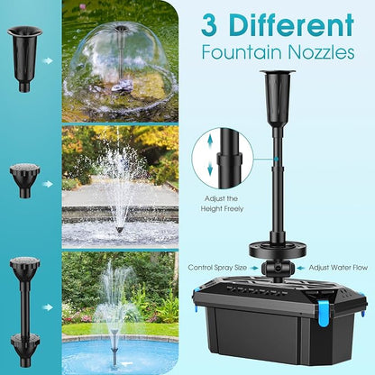 RGB Pond Filter with Pump Fountain Kits, 660GPH Pond Filter Box With 40W Pond Pump & RGB Auto-Cycle LED Lights, Koi Pond Filters for Outdoor Ponds Clean, Clear, and Add Water Features