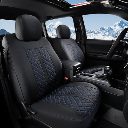 Truckiipa Seat Covers for Tacoma Full Set Leather Truck Seat Covers Waterproof Car Seat Cover Cushion Custom Fit for 2005-2015 Toyota Tacoma Double Crew Cab, Full Set, Black&Blue