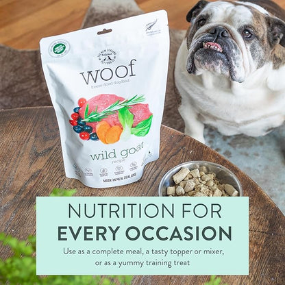 WOOF Wild Goat Freeze Dried Raw Dog Food, Mixer, or Topper, or Treat - High Protein, Natural, Limited Ingredient Recipe 9.9oz