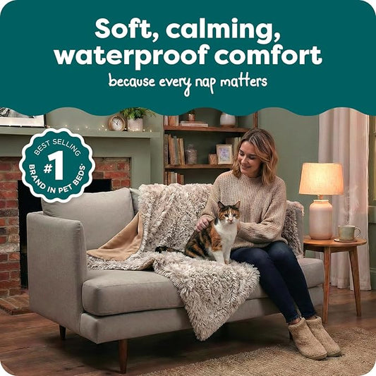 FurHaven Waterproof Throw Blanket for Dogs & Indoor Cats, Reversible Protective Pet Blanket, Medium, Long Faux Fur & Velvet, Driftwood